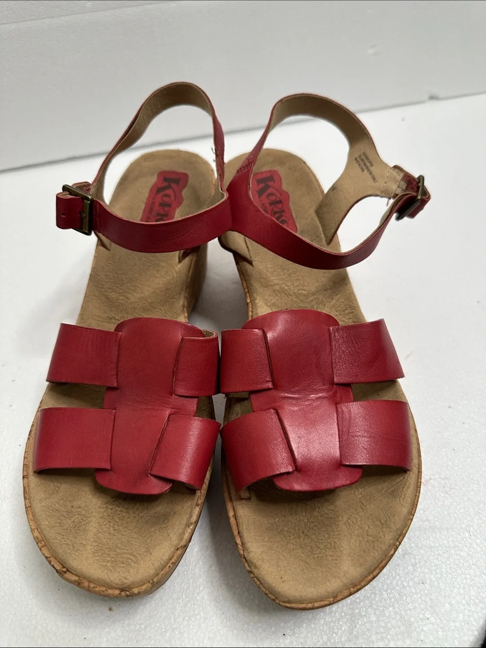 Kork-Ease Della Red Leather cork wedge Ankle-Strap Sandals with Buckle size 11
